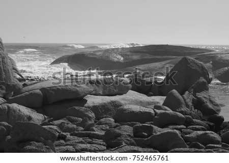 black and white pictures of rocky shoreline with waves crashing on the rocks