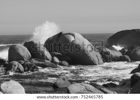 black and white pictures of rocky shoreline with waves crashing on the rocks