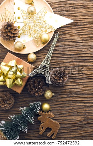 warm tone color of christmas decration prop on wood background t