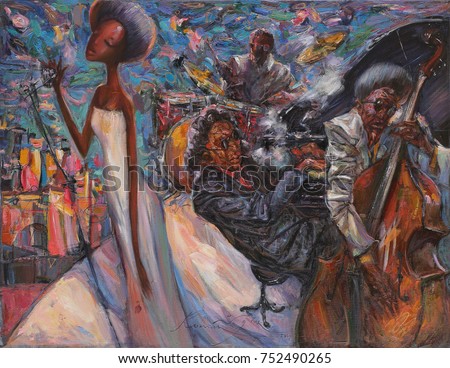  jazz singer, jazz club, jazz band,oil painting, artist Roman Nogin, series "Sounds of Jazz." looking for partnerships with artdillers - contact facebook Royalty-Free Stock Photo #752490265