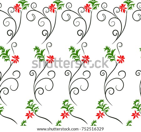 Vector illustration of botanical seamless pattern. Imaginary red flowers, green leaves and black twirls on white background. Hand drawn.