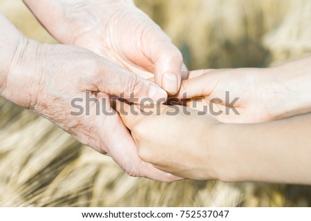 The grandmother holds the hand of a small girl on blur background. Concept of trust, support and help