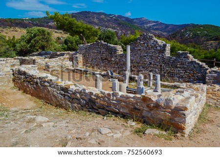 Ancient ruins in the Archaeological Site of Aliki in Thasos, Greece