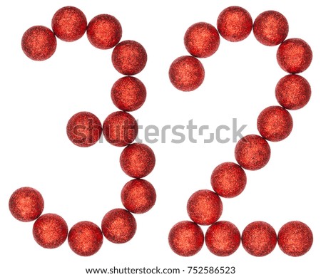 Numeral 32, thirty two, from decorative balls, isolated on white background