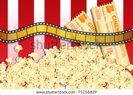 illustration of movie reel ticket and pop corn with movie ticket on striped background