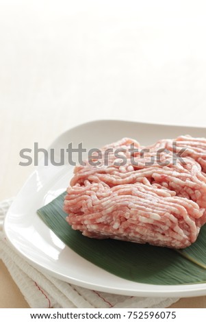 Mince pork on plate with copy space