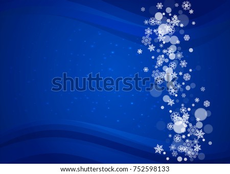 New Year snow on blue background. Winter theme. Horizontal Christmas and New Year snow falling backdrop. For season sale, special offer, banners, card, party invites, flyers. White snowflakes on blue.