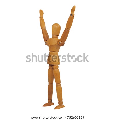 Wooden figure pose hands raised up (Left Side View Twist Near Front) white background isolated object with saved clipping path
