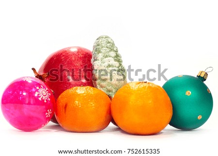 beautiful glass Christmas toys and tropical fruits