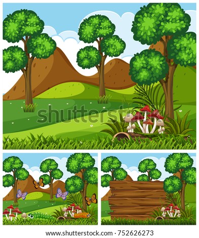 Mountain scenes with butterflies and trees illustration