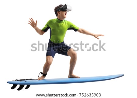 Teenage boy with a VR headset surfing isolated on white background