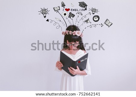 Young asian student woman holding book with learning doodles - I love learning English concept