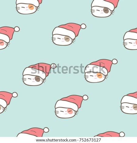 Seamless Pattern of Christmas Theme with Cartoon Cat Face Design on Green Background