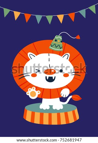 Vector illustration of circus lion standing on a platform with a hat and buntings against a dark blue background
