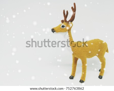 A brown strong deer model on white background with snow filter and copy space for text,concept for new design Christmas card,New Year,holiday.