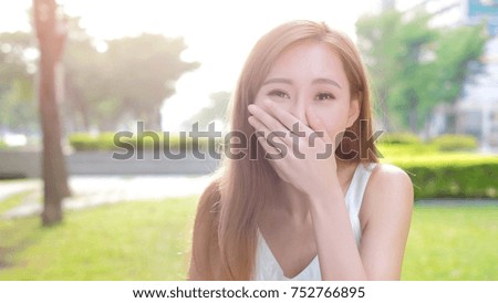 beauty woman laugh excited to you with beautiful sunset