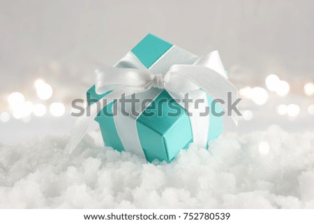 Blue Christmas gift nestled in snow