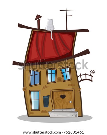 Illustration of cute cartoon funny little fabulous house with cat on the roof isolated on white background. Clip art. EPS 10 vector file included.