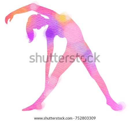 Watercolor yoga woman silhouette on white background. Digital art painting.