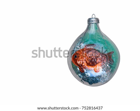     Christmas ball with a picture of a goldfish. Vintage. Isolated on white background.   
