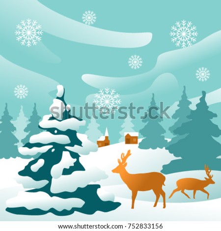 Fantastic winter background with deer, trees and snow in flat design