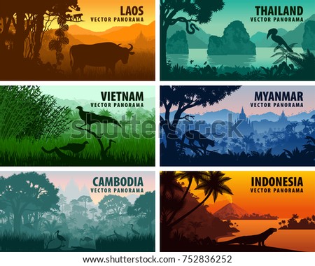 Vector panorama of Laos, Vietnam, Cambodia, Thailand, Myanmar, Indonesia Royalty-Free Stock Photo #752836252