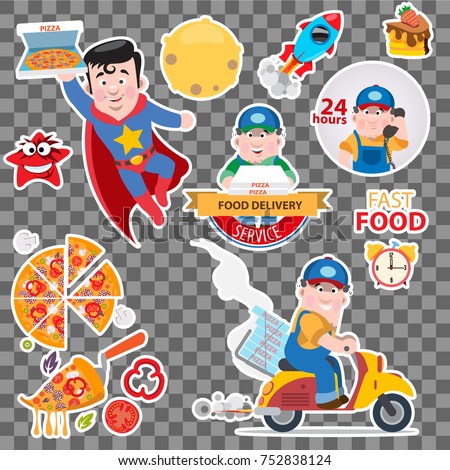 Pizza delivery sticker set with car, superman, rochet and courier isolated on grey background. Vector cartoon illustration with lettering