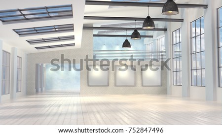 Loft gallery with blank frames. 3d rendering.