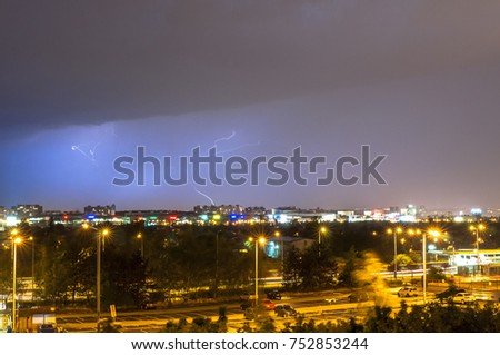 Big Thunderstorm above a city Prague. Big flash during the storm.