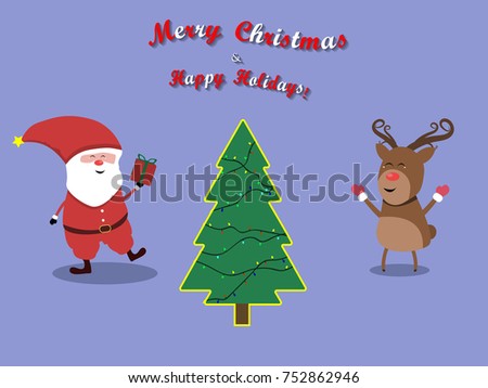 Stanta and his raindeer Christmas greeting card Christmas tree happy holidays Greeting card