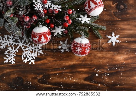 Christmas decoration on old wooden background with copy space.