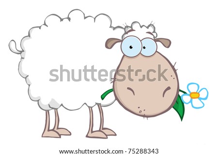 White Sheep Cartoon Character Eating A Flower