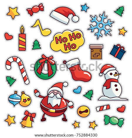 Vintage 80s-90s Merrry Christmas Fashion Cartoon Illustration Set Suitable for Badges, Pins, Sticker, Patches, Fabric, Denim, Embroidery and Other Fashion Related Purpose