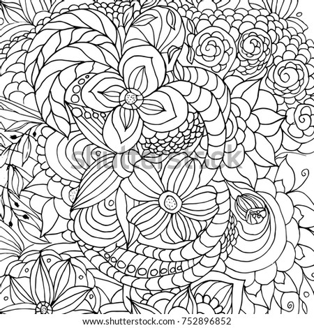 
coloring antistress, flowers and different doodles, curls, black and white image, graphics