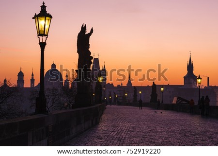 Before sunrise on Charles bridge in Prague, Czech republic