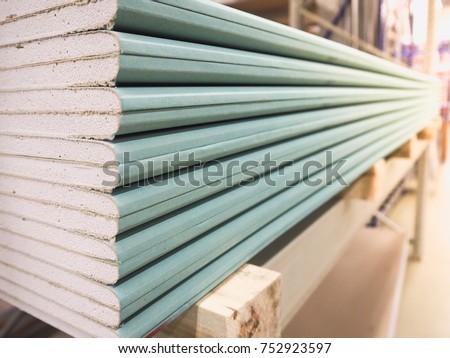 Gypsum plasterboard in the pack. Royalty-Free Stock Photo #752923597