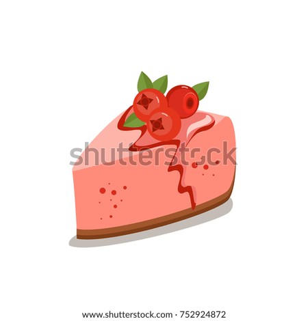 Portion sweet dessert cake with cowberry. Vector cartoon Illustration isolated.