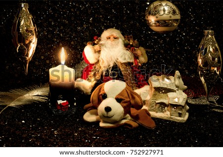 Christmas card featuring Santa Claus and a yellow dog -a symbol of 2018.