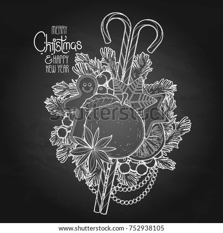 Christmas design with traditional treats, holly and fir branches. Vector card isolated on white background. Vector card isolated on the chalkboard