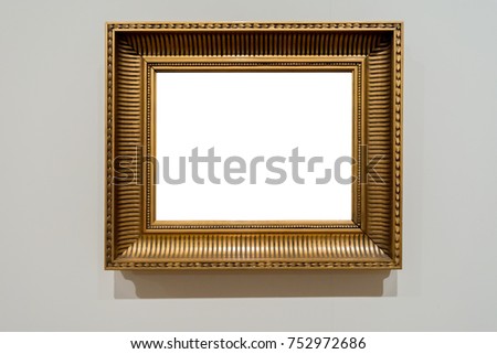 Vintage Gold Gilded Vintage Ornate Picture Frame Art Gallery Museum White Clipping Path Isolated Template Cracked Wall Natural Shadows. For paintings, mirrors and photos.
