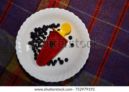 a beautiful cooling ice cream made from fresh red berries lies on a white plate next to fresh blueberries on a table covered with a checkered tablecloth
