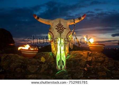 Cow skull decorated in tribal style between two bowls with flames set up on a rock and night sky in background. Ritual setup.