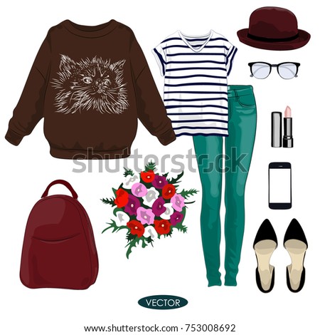 Casual autumn outfit for girl. Stylish and trendy clothing set for fashion magazine. Sweatshirt, jeans, T-shirt, hat and accessories - Vector Illustration