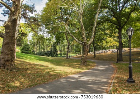 A footpath in New York City Central Park. It is surrounded by trees. The picture was taken in October 2017. The trees are changing their color due to autumn.
