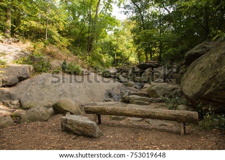 A trunk bench in New York City Central Park. It is in The Ramble. A small waterfall flows through the stones and rocks. The picture was taken in October 2017. 