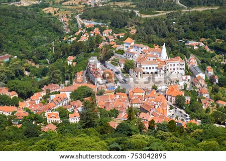 Bird's-eye view on Palace of Sintra (Town Palace) - the medieval Portuguese royal family residence used as the court's summer shelter for hunting. Sintra. Portugal