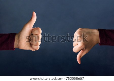 Customer Experience Concept, Hands of Client show Excellent and Bad sign with Thumbs for Rating in Satisfaction Survey, Symbol of Meaning "Great" and "Poor" Royalty-Free Stock Photo #753058657