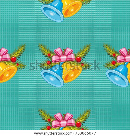 Seamless pattern with Golden christmas bells with Christmas tree branch Vector Illustration EPS8