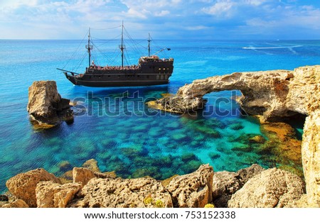 Pirate ship sailing near famous Bridge of Love near Ayia Napa, Cyprus. Natural rock arch (bridge lovers) near of Ayia Napa, Cyprus.
Holidays at Ayia Napa Resort, Republic of Cyprus Royalty-Free Stock Photo #753152338