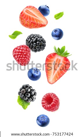 Isolated fresh berries float in the air. Falling blackberry, raspberry, blueberry, strawberry fruits and mint leaves isolated on white background with clipping path Royalty-Free Stock Photo #753177424